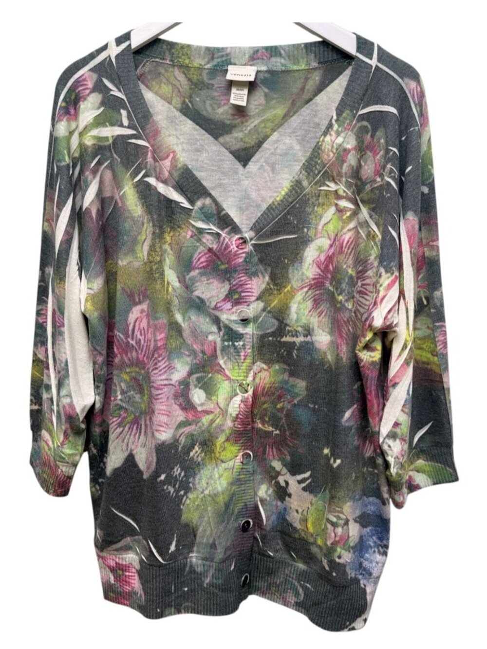 VENEZIA Cardigan Size 22/24 Plus Size Green Watercolor Floral Light Sweater